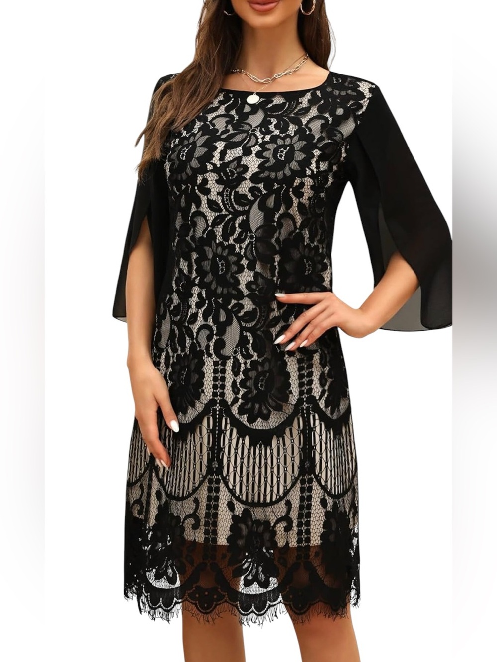 Cooan Lace Cocktail Dress Black and Cream Sheer Long Sleeve Womens Small NEW